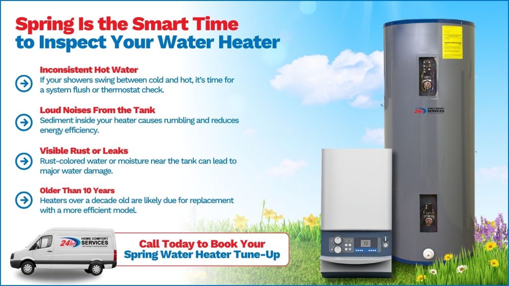 This is an image of two new water heaters with spring flowers around them. The headline read spring is a smart time to inspect your water heater.