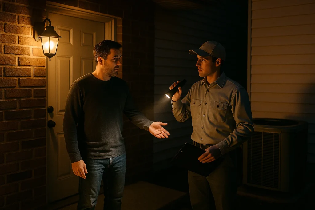 Homeowner greets HVAC technician arriving at night for emergency repair