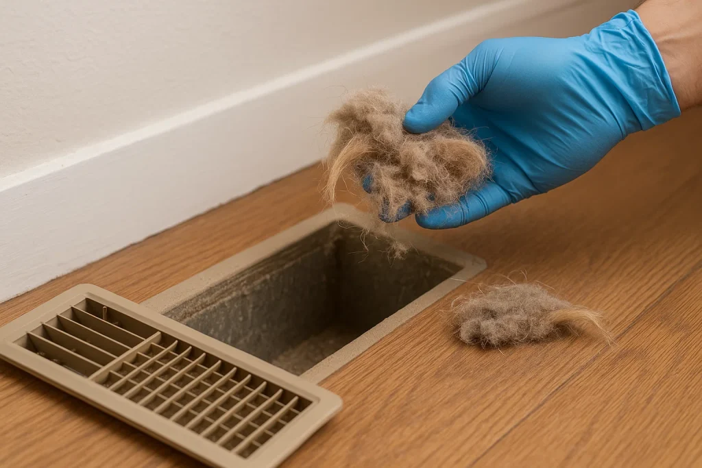 Technician removing dog hair and dust buildup from HVAC duct
