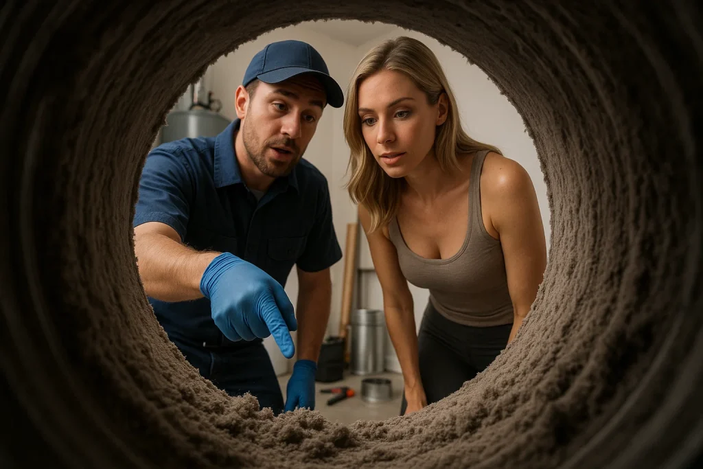 Technician showing female homeowner dirty duct section during inspection