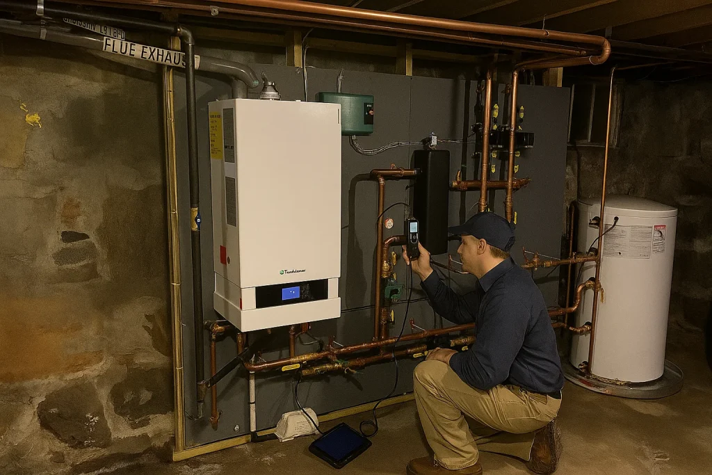 boiler specialist using analyzer on residential hydronic system in Lake in the Hills