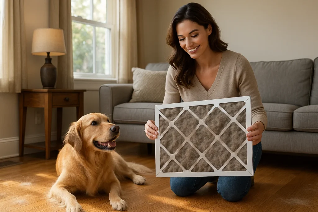 Homeowner holds pet-hair clogged HVAC filter beside golden retriever in living room