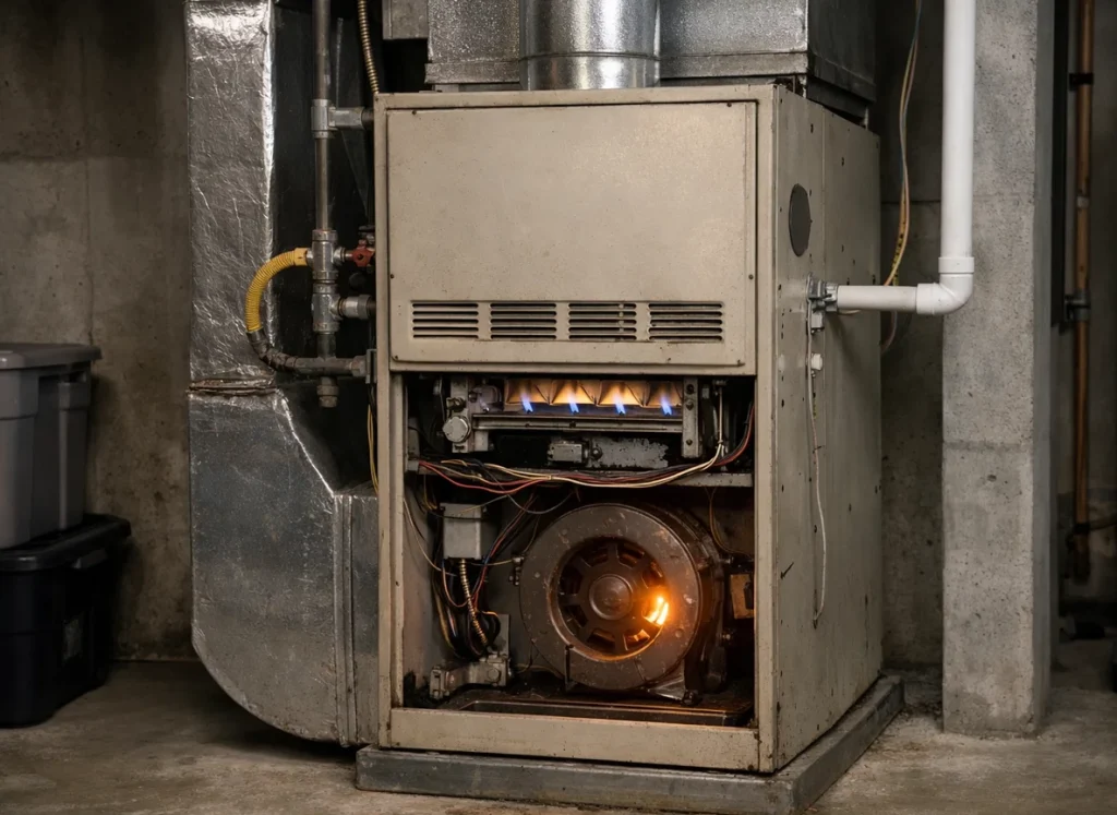 An image of an old furnace and a cold basement.
